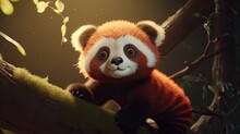  A Red Panda Sitting On A Tree Branch In A Forest.  Generative Ai