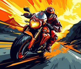 Wall Mural - a painting of a person riding a motorcycle on a road. generative ai