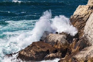 Wall Mural - Ocean wave breaking against tall cliff, Point Lobos Nature Preserve, Monterey. Spray thrown high in the air. 
