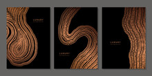 Set Of Templates. Luxury Golden Background With Wood Annual Rings Texture. Banner With Tree Ring Pattern. Stamp Of Tree Trunk In Section. Natural Wooden Concentric Circles. Black And Bronze Background