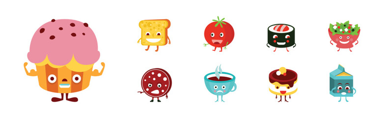 Poster - Cute Food Character with Smiling Faces Vector Set