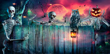 Halloween Party - Skeletons And Owl On Wooden Banner In Spooky Night At Moonlight - Contain Only Moon 3D Rendering - Real Shots Composing