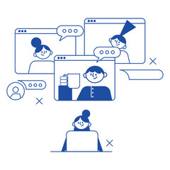 Wall Mural - video conference of remote workers from home, online team call, happy smiling men and women have mee