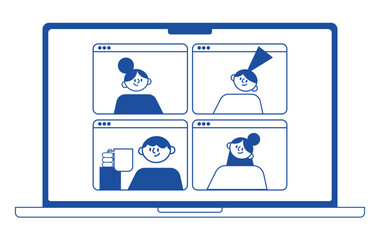 Wall Mural - video conference of remote workers from home, online team call, happy smiling men and women have mee