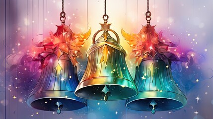  a painting of three bells hanging from a chain with a star burst background.  generative ai