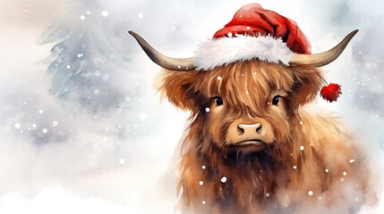 Sticker -  a watercolor painting of a yak wearing a santa hat.  generative ai