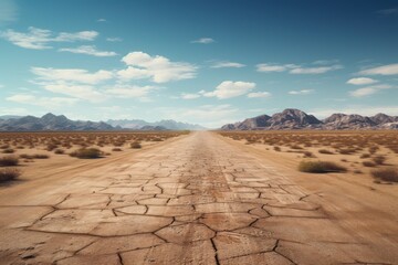 Canvas Print - A dirt road stretching through the middle of a desert. This image can be used to depict a remote and isolated location.