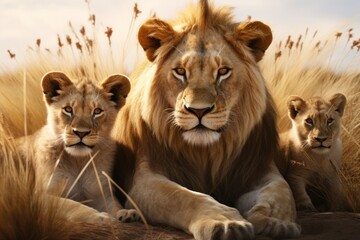 Canvas Print - A picture of a couple of lions sitting next to each other. Perfect for wildlife enthusiasts and animal lovers. Ideal for use in educational materials, nature documentaries, or as a stunning visual ele