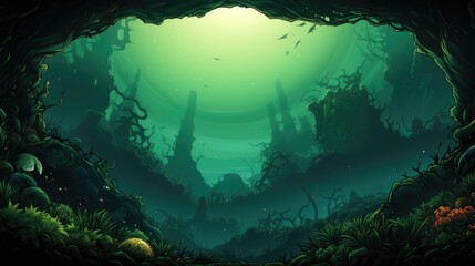 Poster - An image of a dark cave with plants and trees, AI