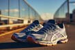 A pair of running shoes sitting on a road. Suitable for fitness, exercise, and outdoor activities.