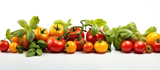 Sticker - Assorted tomatoes and basil on white background