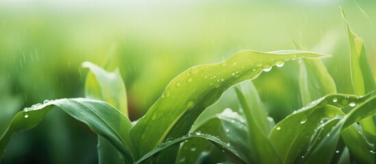 Wall Mural - Rural farm land in summer with green organic plant growth in a farming scene surrounded by a natural outdoor landscape with raindrops