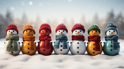 Sticker -  a group of snowmen wearing hats and scarves in the snow.  generative ai