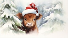  A Painting Of A Cow Wearing A Santa Hat In The Snow.  Generative Ai