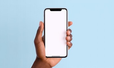 Black woman hand holding modern smart phone isolated on blue background.