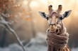 Cute giraffe wearing knitted scarf. Portrait of funny animal on outdoor winter background, close up with copy-space.