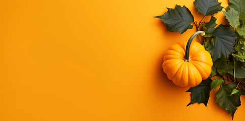 Poster - pumpkin with leaves on an orange background. Thanksgiving or Halloween, space for copy or text