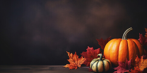 Poster - A pumpkin with fall leaves against a dark brown background with room for copy or text.. Thanksgiving or Halloween