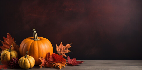 Poster - A pumpkin with fall leaves against a dark brown background with room for copy or text.. Thanksgiving or Halloween