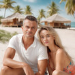 © Cade Foster  - Hombre y mujer en una playa con palmeras cabañas turísticas y el mar de fondo