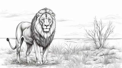 Poster -  a drawing of a lion standing in a field of grass.  generative ai