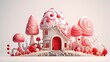 A candy land with a candy house and lots of lollipops