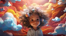A Little Girl With Curly Hair Standing In Front Of A Painting