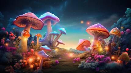 Wall Mural - A group of mushrooms that are standing in the grass