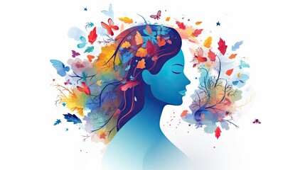 Poster -  a woman's profile with butterflies and butterflies around her head.  generative ai