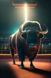 Award winning photography of a stoic bison standing on a indoor tennis court Tennis Racquet in the foreground crowd in the background blue anamorphic lens flares 8k ultra HDR photo a7iv highly 