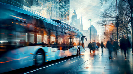 Poster - City bus motion blur with beautiful traffic lights and reflections. Commuting and city life concept 