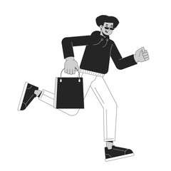 Wall Mural - Shopper male running with boutique bag black and white 2D line cartoon character. Hispanic man in sunglasses in rush isolated vector outline person. Shopaholic monochromatic flat spot illustration