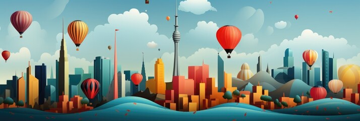 Sticker - A city with hot air balloons flying over it, AI