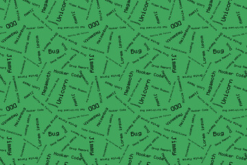 Slang for programmers Cybersport Seamless vector isolated pattern green background Wrapping paper Typography desig Scrapbooking Cardmaking Bug Megamoth Concept of professional holiday Random phrases