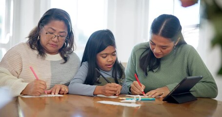 Sticker - Education, grandmother and mother help child writing homework as support or care on a home table together. Learning, development and happy parent teaching kid creativity and growth as student