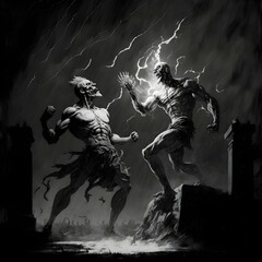 Black and white gothic image of two humanlike monsters fighting in a graveyard The monsters look like muscular zombies Black background thunderstorm 