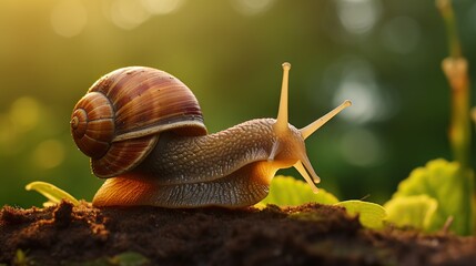  a snail is sitting on top of a dirt mound in the sun.  generative ai