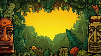 Sticker - Cartoon frame illustration of a jungle in indigenous style , AI