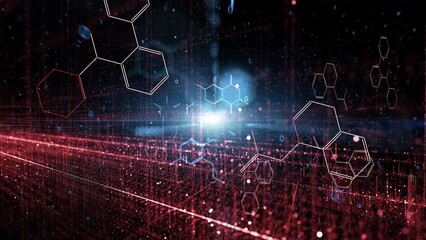 Poster - red blue chemical hexagon bonds and binary data animation.