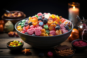 Poster - A close-up of colorful Halloween candies and treats in a festive bowl. Generative Ai.