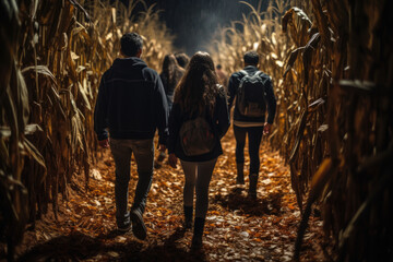 Poster - Friends enjoying a hayride through a haunted corn maze on a chilly evening. Generative Ai.