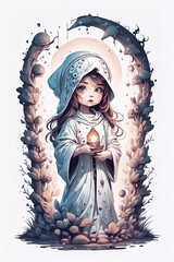 cute girl on the moon. illustration for children little girl in a blue dress with a candle in a dark forest cute girl and white angel in a glass with a burning candle. vector.cute girl on the moon. il