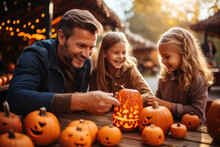 A Family Carving Pumpkins Together, Creating Spooky Jack-o'-lanterns. Generative Ai.