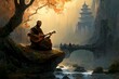 Imagine a serene world where a humanoid Zen monk sits atop an otherworldly structure overlooking a shimmering river illuminated by the radiance of a full moon With a classical guitar in hand the 