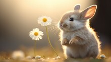 A small rabbit standing on its hind legs next to a flower