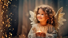 A Little Angel Child With Feathers On His Wings, With Clear Eyes And A Sweet Smile, In A Christmas Atmosphere.