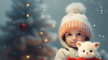 Wall Mural - A small child holding a stuffed animal in front of a christmas tree