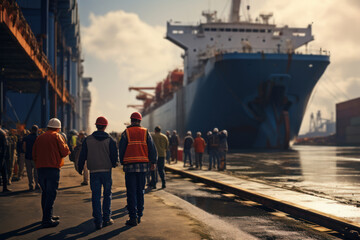 Poster - A bustling shipyard filled with workers and cranes unloading cargo from a massive freighter. Concept of maritime industry. Generative Ai.