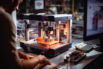 A technician using a 3D printer to create a prototype of a new product. Concept of additive manufacturing. Generative Ai.