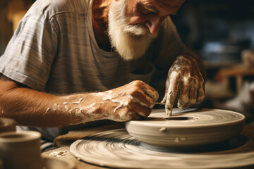 Canvas Print - An artist in a pottery studio shaping clay on a spinning wheel. Concept of ceramic craftsmanship. Generative Ai.